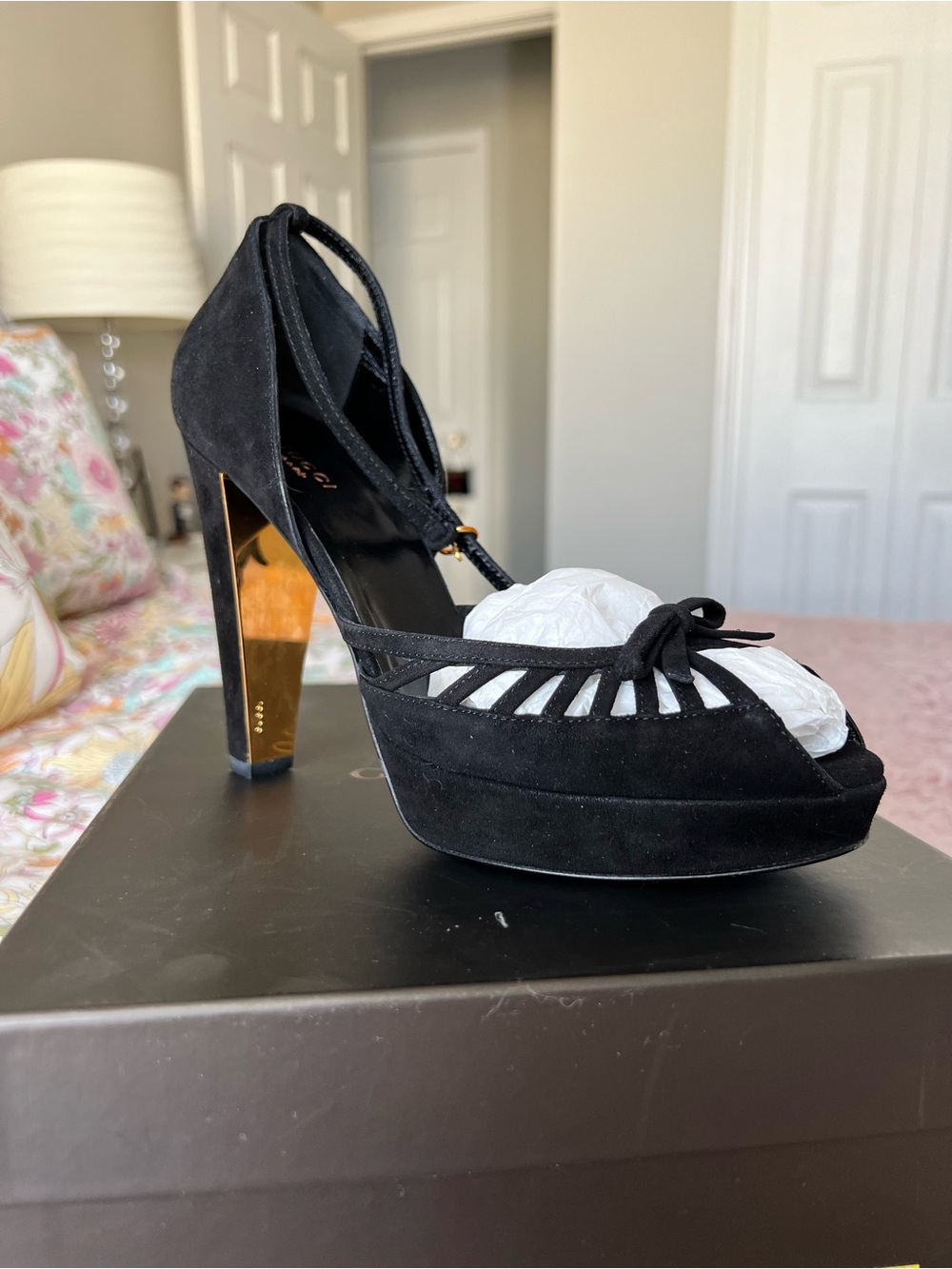 Gucci Black Suede Platform T-Strap High Heels with Gold Block Heel